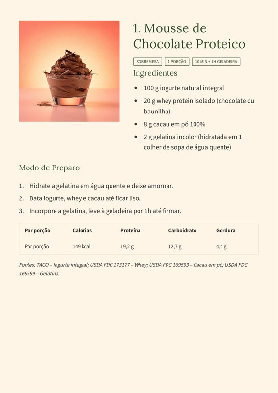 Página do Caloria Certa Doces, com a mousse de chocolate, os ingredientes em gramas e a tabelinha de calorias e proteína